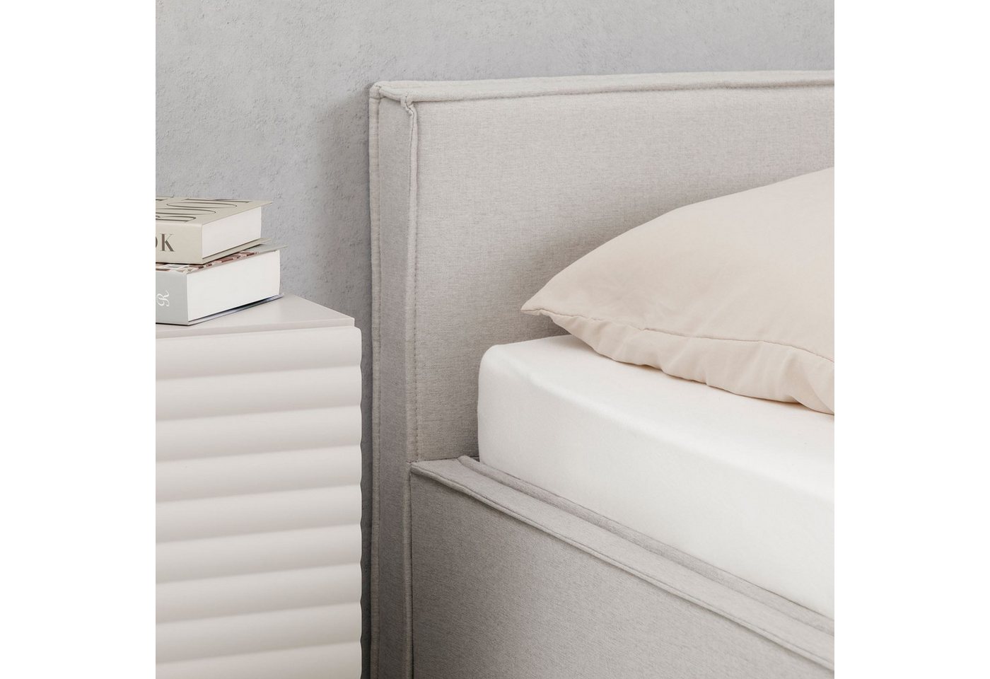 IDIMEX Polsterbett PESARO, Doppelbett 140x200 cm mit Lattenrost Kopfteil Leinen Optik Hellgrau – Bild 4 von 5