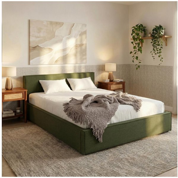 IDIMEX Polsterbett PESARO, Doppelbett 140x200 cm mit Lattenrost und Kopfteil Leinen Optik Grün