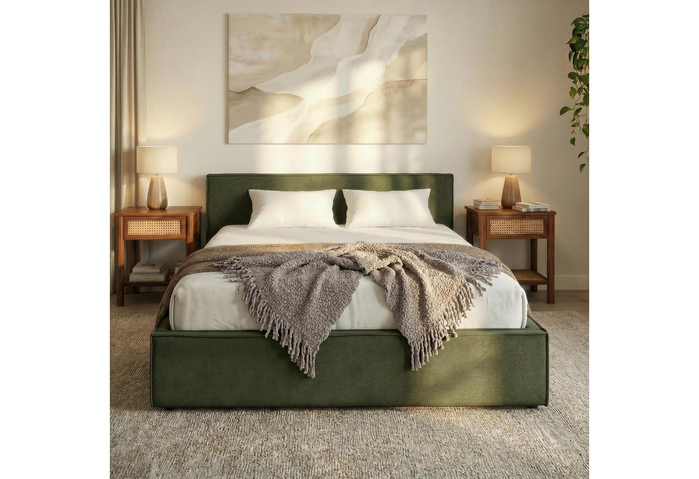 IDIMEX Polsterbett PESARO, Doppelbett 140x200 cm mit Lattenrost und Kopfteil Leinen Optik Grün – Bild 2 von 5