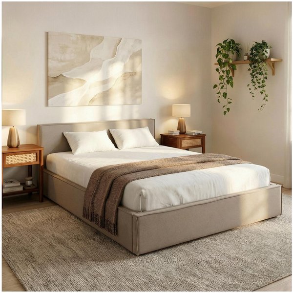 IDIMEX Polsterbett PESARO, Doppelbett 160x200 cm mit Lattenrost Leinen Optik Greige