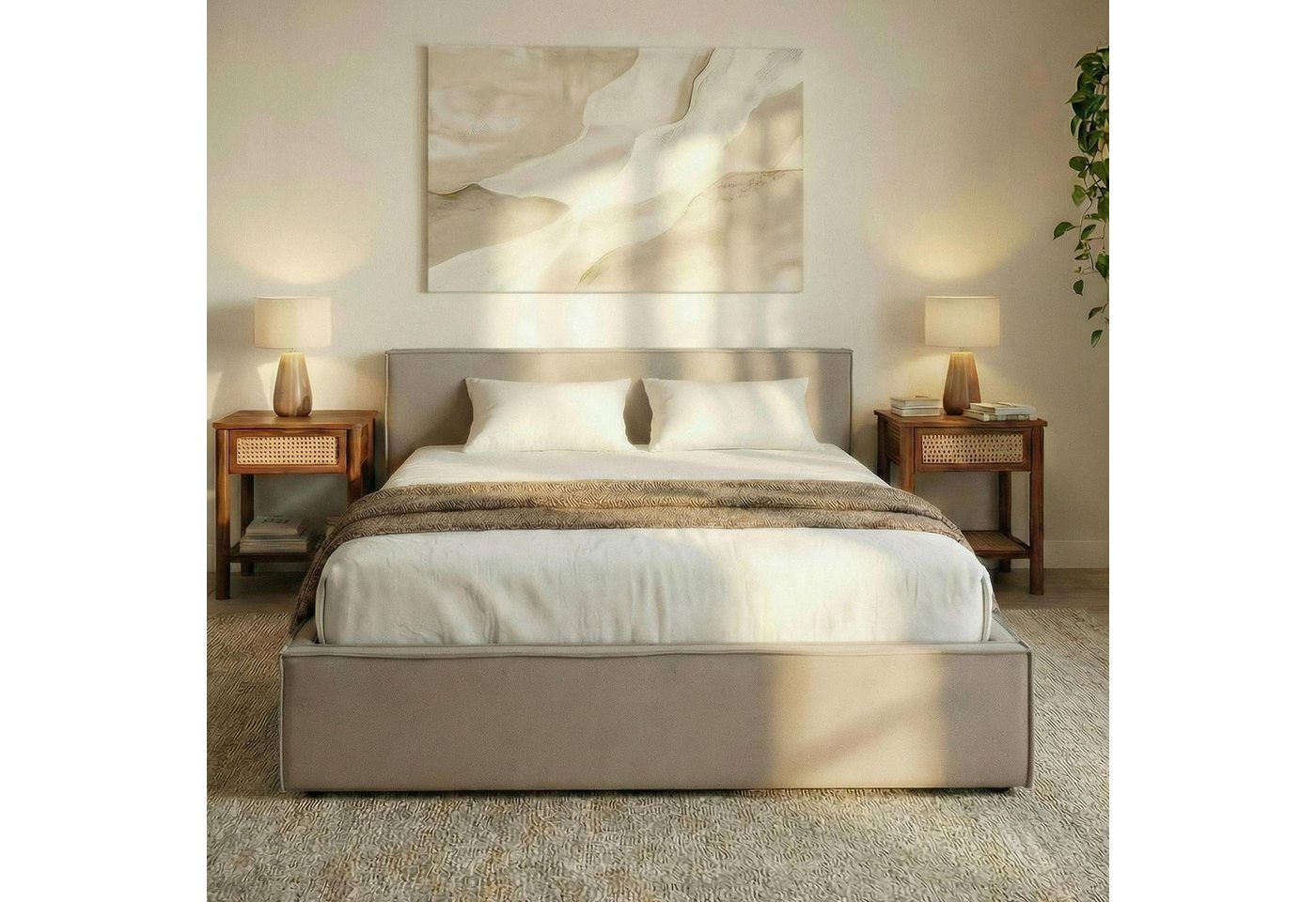 IDIMEX Polsterbett PESARO, Doppelbett 160x200 cm mit Lattenrost Leinen Optik Greige – Bild 2 von 5