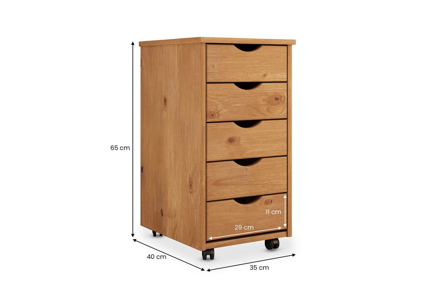 IDIMEX Rollcontainer LAGOS, Bürocontainer aus Massivholz mit 5 Schubladen Eiche Finish – Bild 4 von 4
