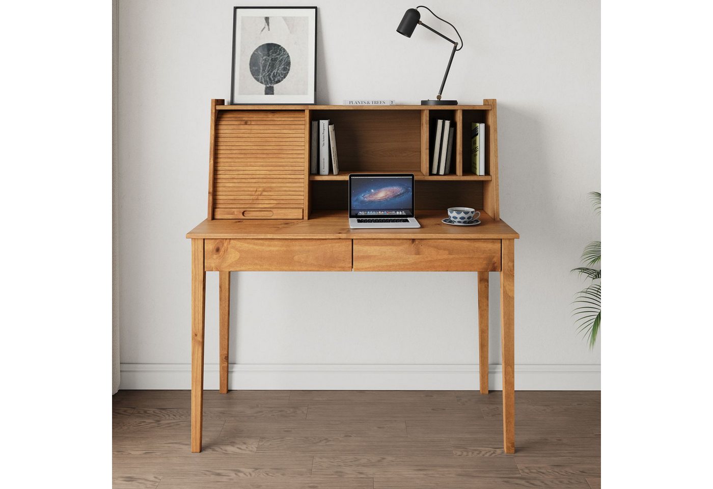 IDIMEX Schreibtisch ALISA, Massivholz Schreibtisch mit 2 Schubladen und Rollladen Eiche Finish – Bild 2 von 5