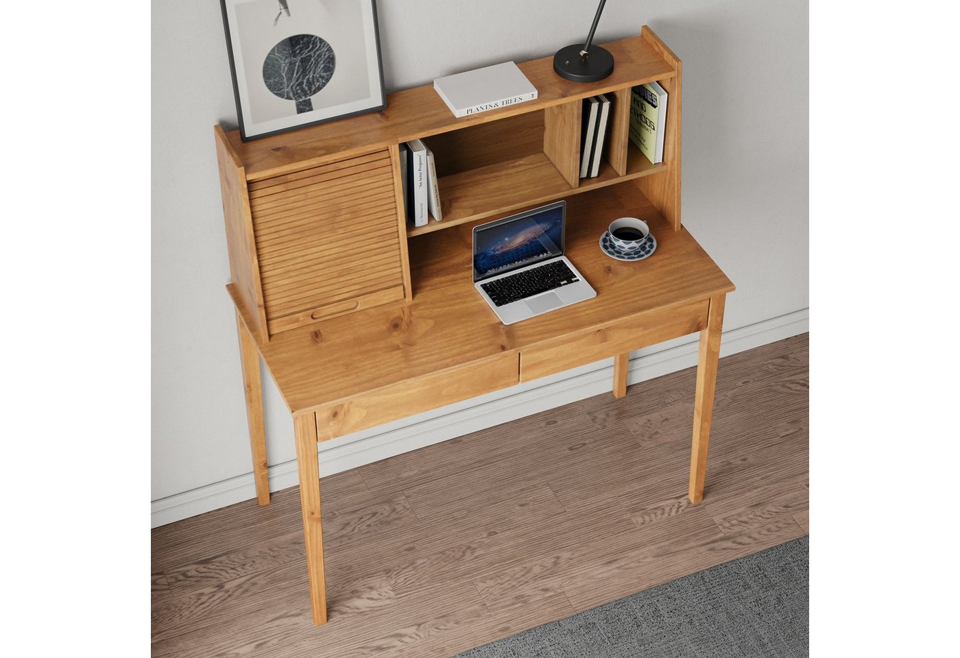 IDIMEX Schreibtisch ALISA, Massivholz Schreibtisch mit 2 Schubladen und Rollladen Eiche Finish – Bild 3 von 5
