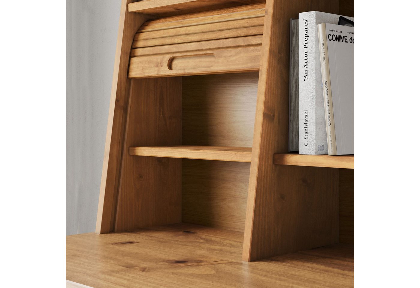 IDIMEX Schreibtisch ALISA, Massivholz Schreibtisch mit 2 Schubladen und Rollladen Eiche Finish – Bild 4 von 5