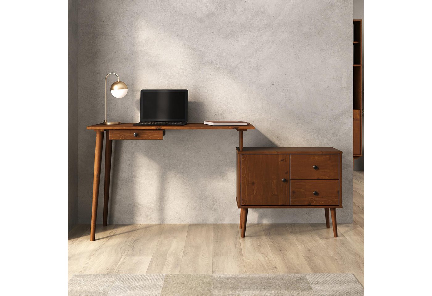 IDIMEX Schreibtisch ANGOLO, Homeoffice Tisch aus Massivholz mit Stauraum Kastanie Finish – Bild 2 von 5