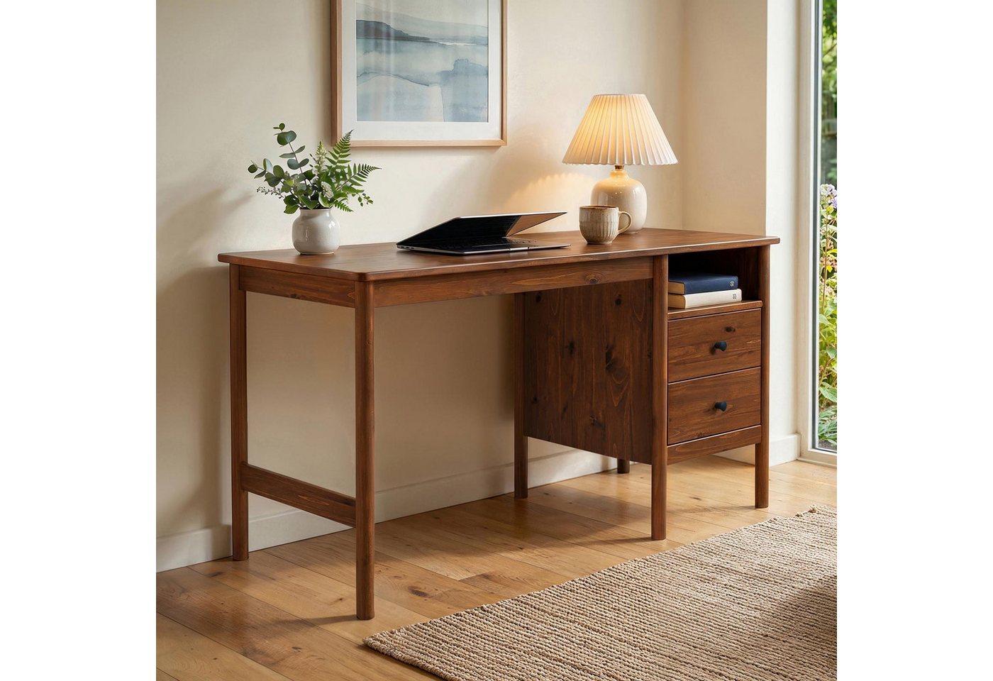 IDIMEX Schreibtisch BOSSA, Homeoffice Tisch aus Massivholz mit 2 Schubladen Kastanie Finish – Bild 2 von 5
