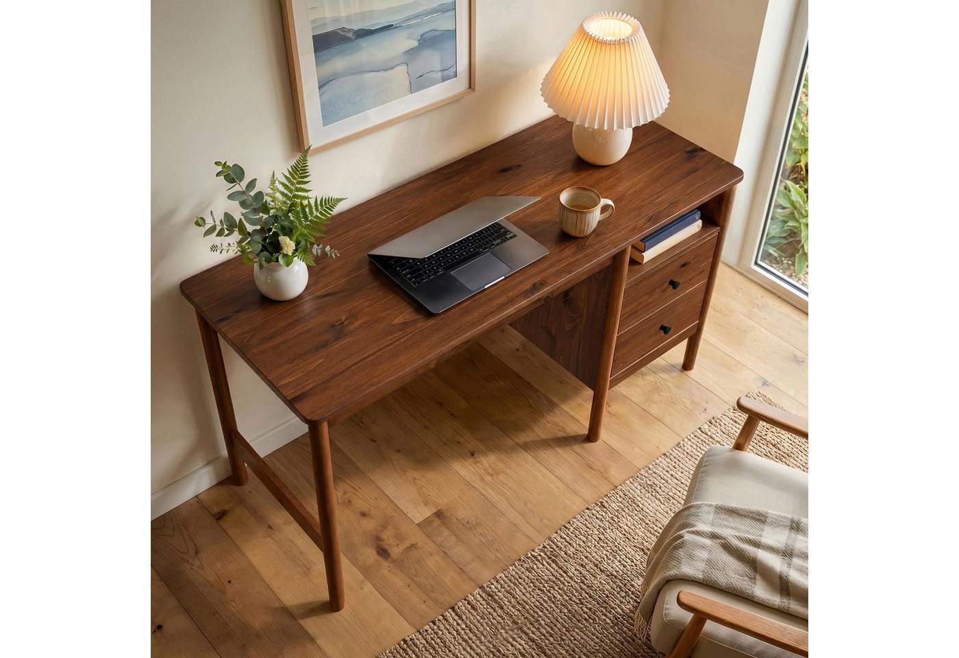 IDIMEX Schreibtisch BOSSA, Homeoffice Tisch aus Massivholz mit 2 Schubladen Kastanie Finish – Bild 3 von 5