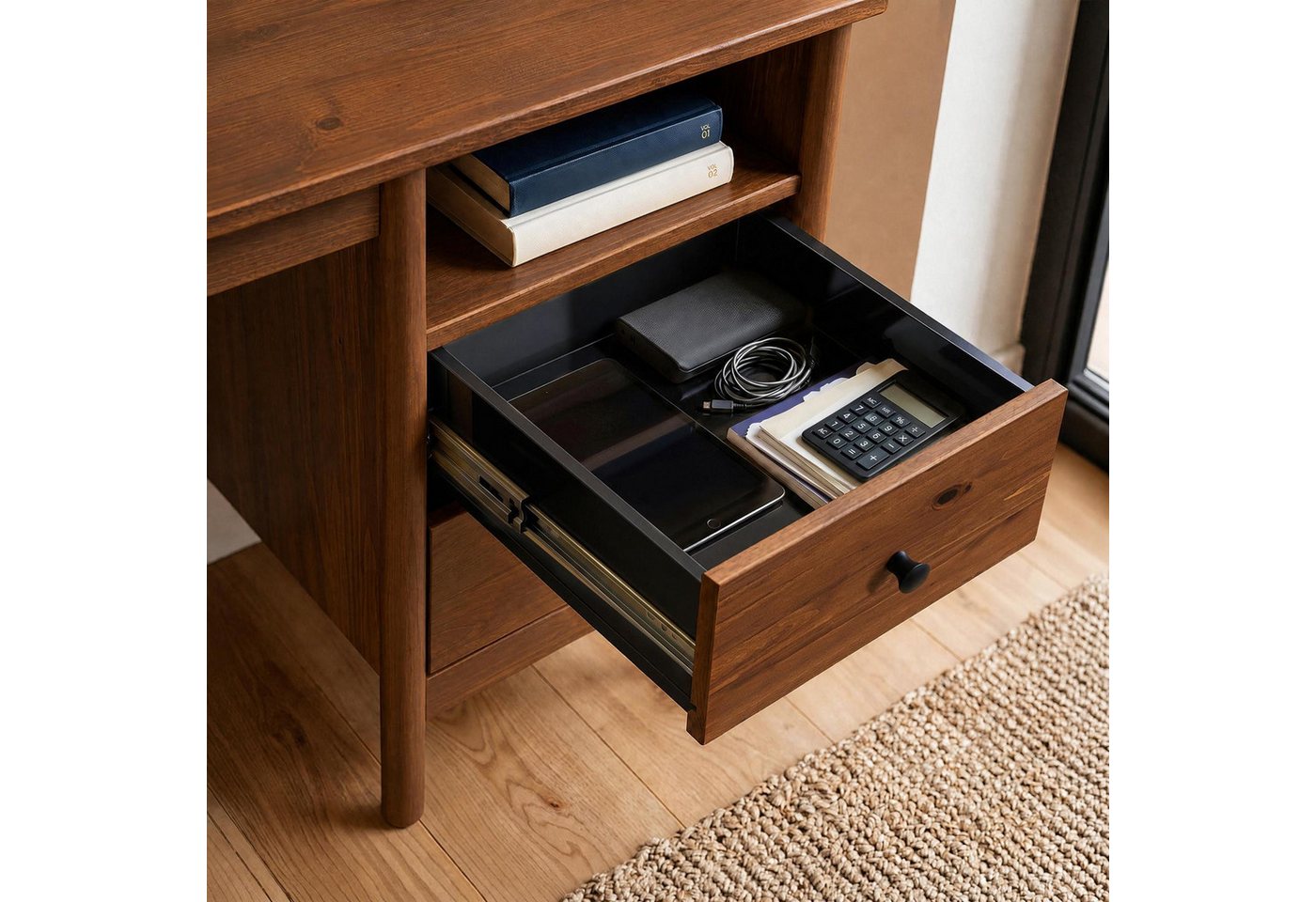 IDIMEX Schreibtisch BOSSA, Homeoffice Tisch aus Massivholz mit 2 Schubladen Kastanie Finish – Bild 4 von 5