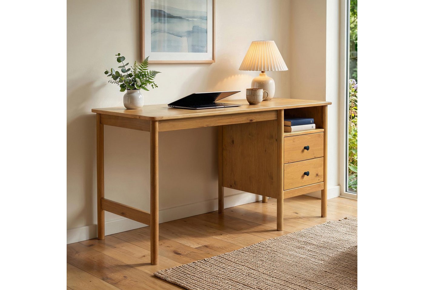 IDIMEX Schreibtisch BOSSA, Homeoffice Tisch aus Massivholz mit 2 Schubladen Eiche Finish – Bild 2 von 5