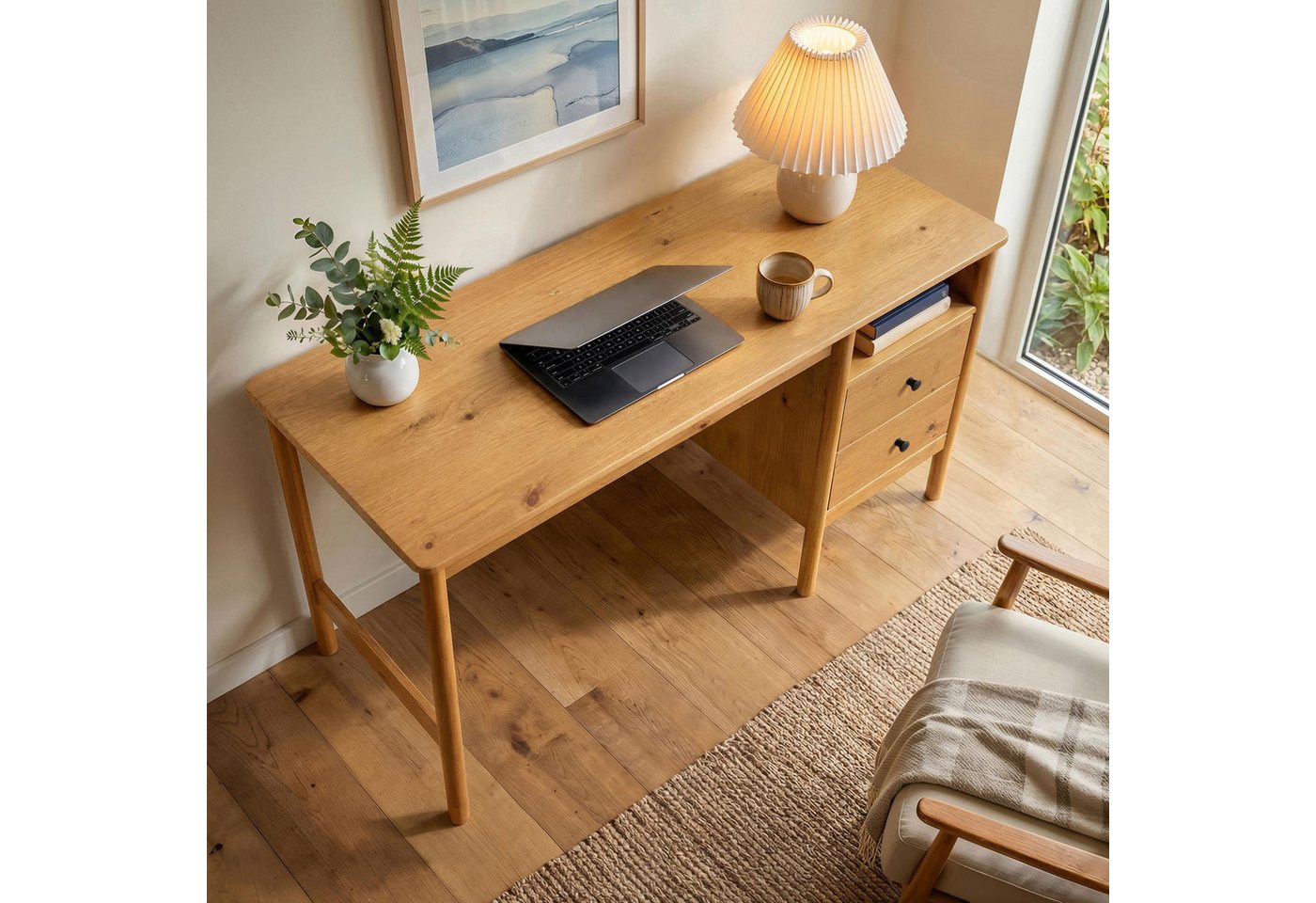 IDIMEX Schreibtisch BOSSA, Homeoffice Tisch aus Massivholz mit 2 Schubladen Eiche Finish – Bild 3 von 5