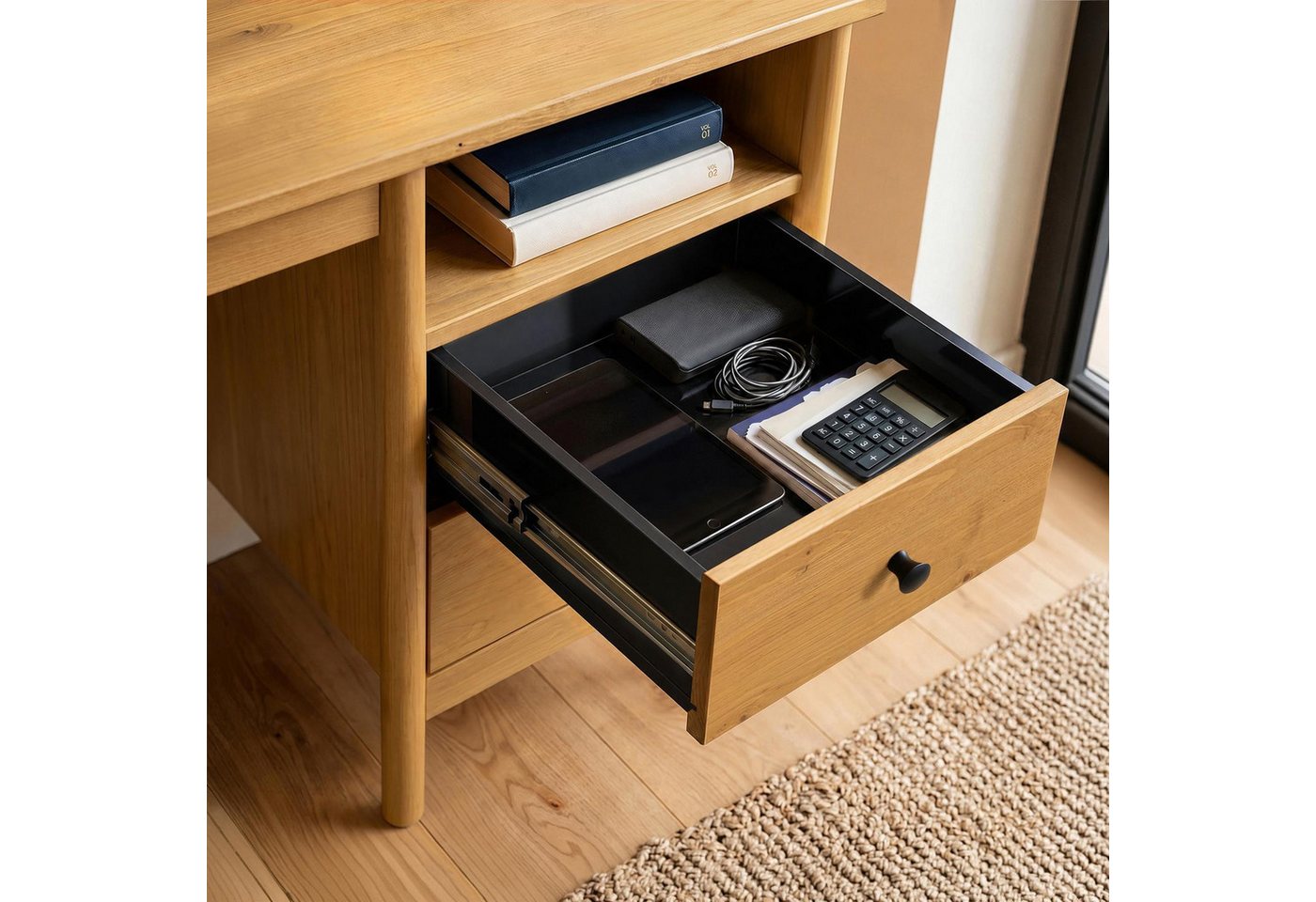 IDIMEX Schreibtisch BOSSA, Homeoffice Tisch aus Massivholz mit 2 Schubladen Eiche Finish – Bild 4 von 5