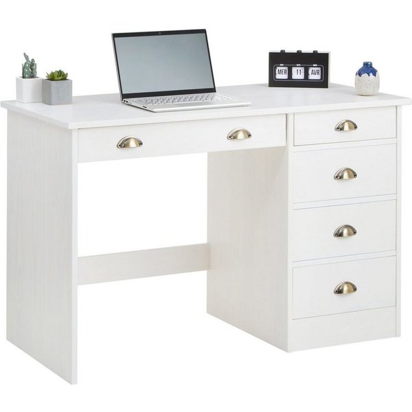 IDIMEX Schreibtisch LANA, Bürotisch mit 5 Schubladen Landhausstil Massivholz Muschelgriffe Weiß