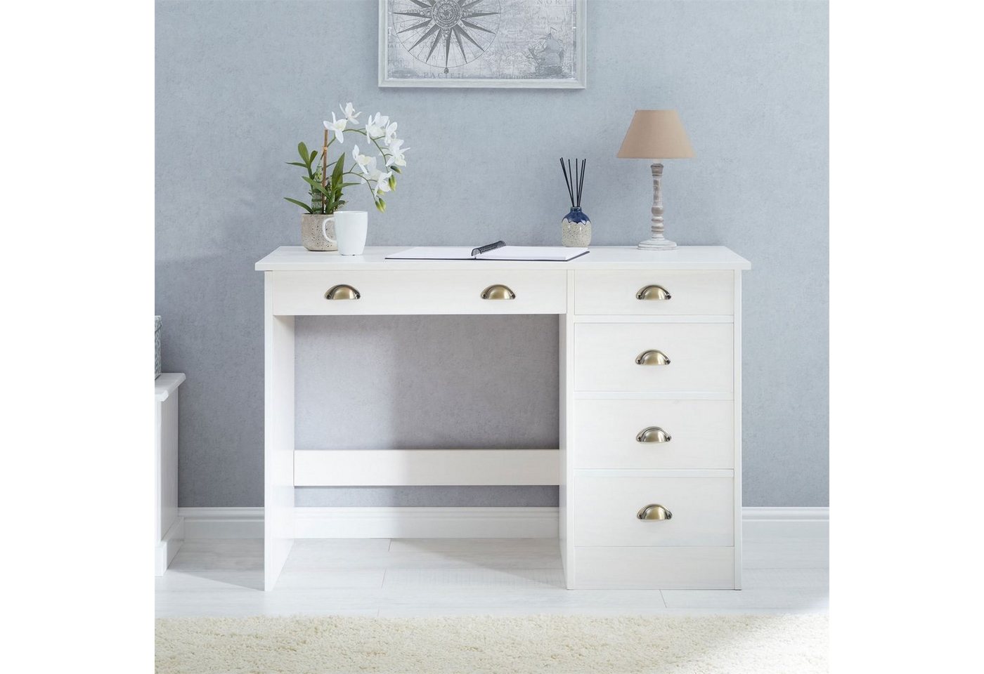 IDIMEX Schreibtisch LANA, Bürotisch mit 5 Schubladen Landhausstil Massivholz Muschelgriffe Weiß – Bild 2 von 5