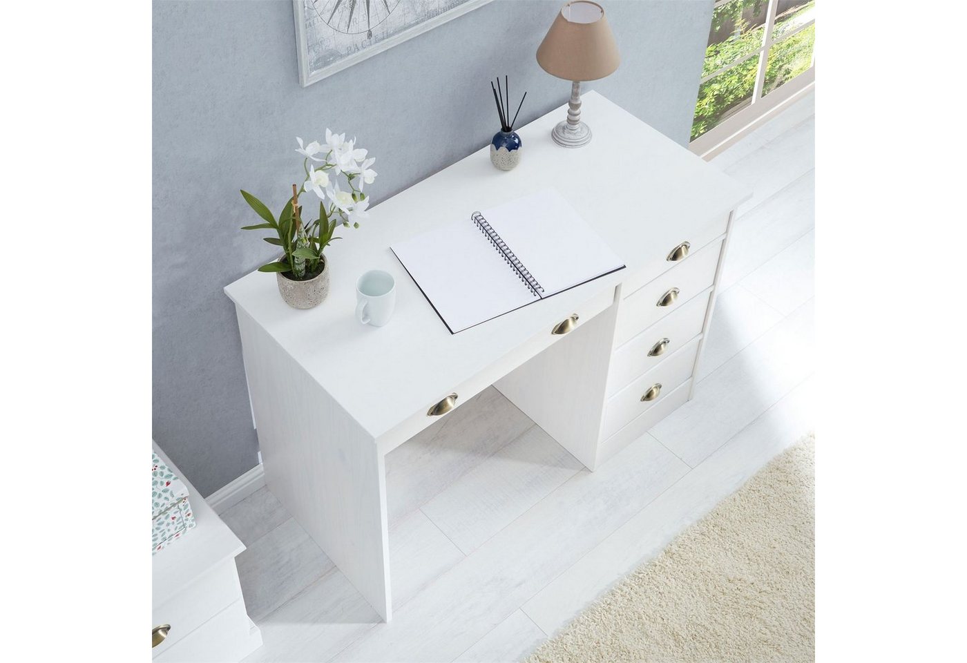 IDIMEX Schreibtisch LANA, Bürotisch mit 5 Schubladen Landhausstil Massivholz Muschelgriffe Weiß – Bild 3 von 5