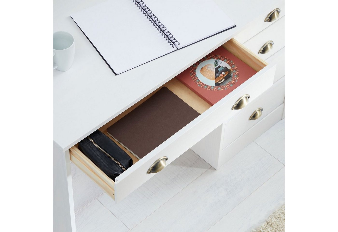 IDIMEX Schreibtisch LANA, Bürotisch mit 5 Schubladen Landhausstil Massivholz Muschelgriffe Weiß – Bild 4 von 5