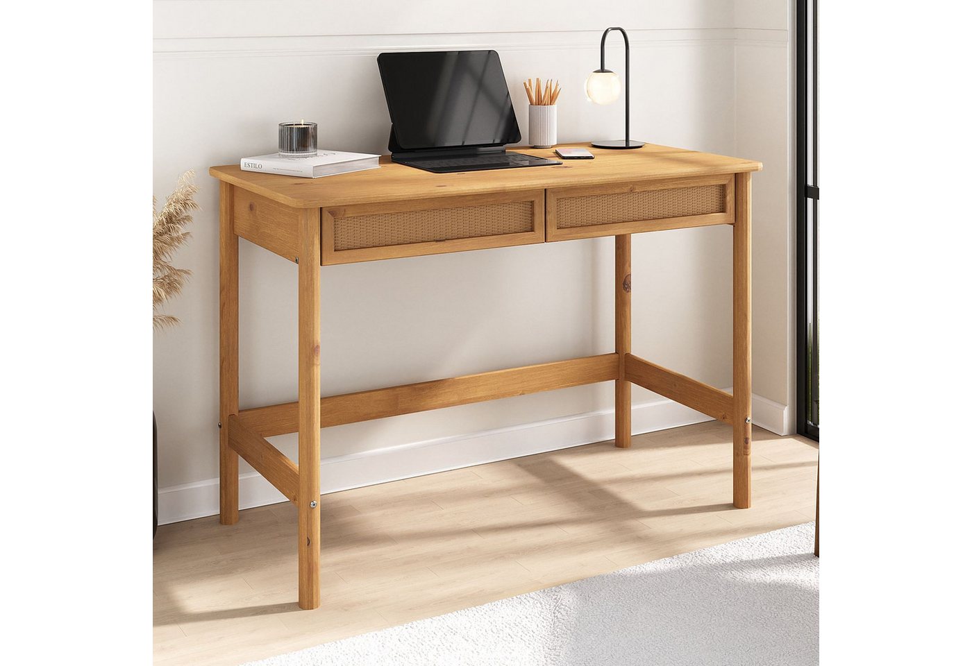 IDIMEX Schreibtisch RODRIGO, Tisch 110 cm breit aus Massivholz 2 Schubladen in Rattan Optik Kastani – Bild 2 von 5