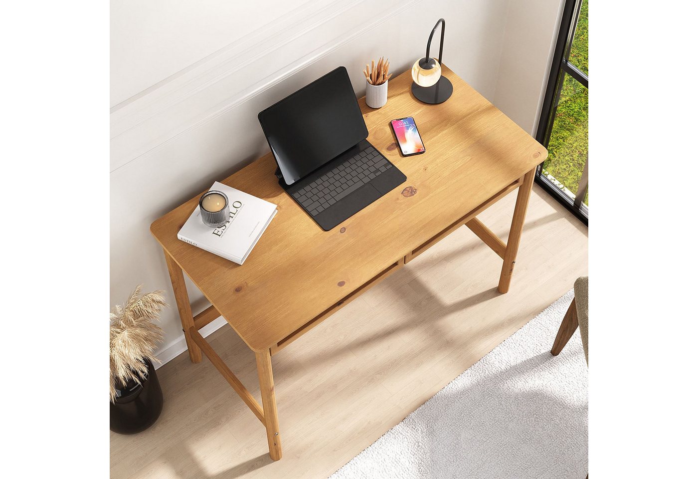 IDIMEX Schreibtisch RODRIGO, Tisch 110 cm breit aus Massivholz 2 Schubladen in Rattan Optik Kastani – Bild 3 von 5