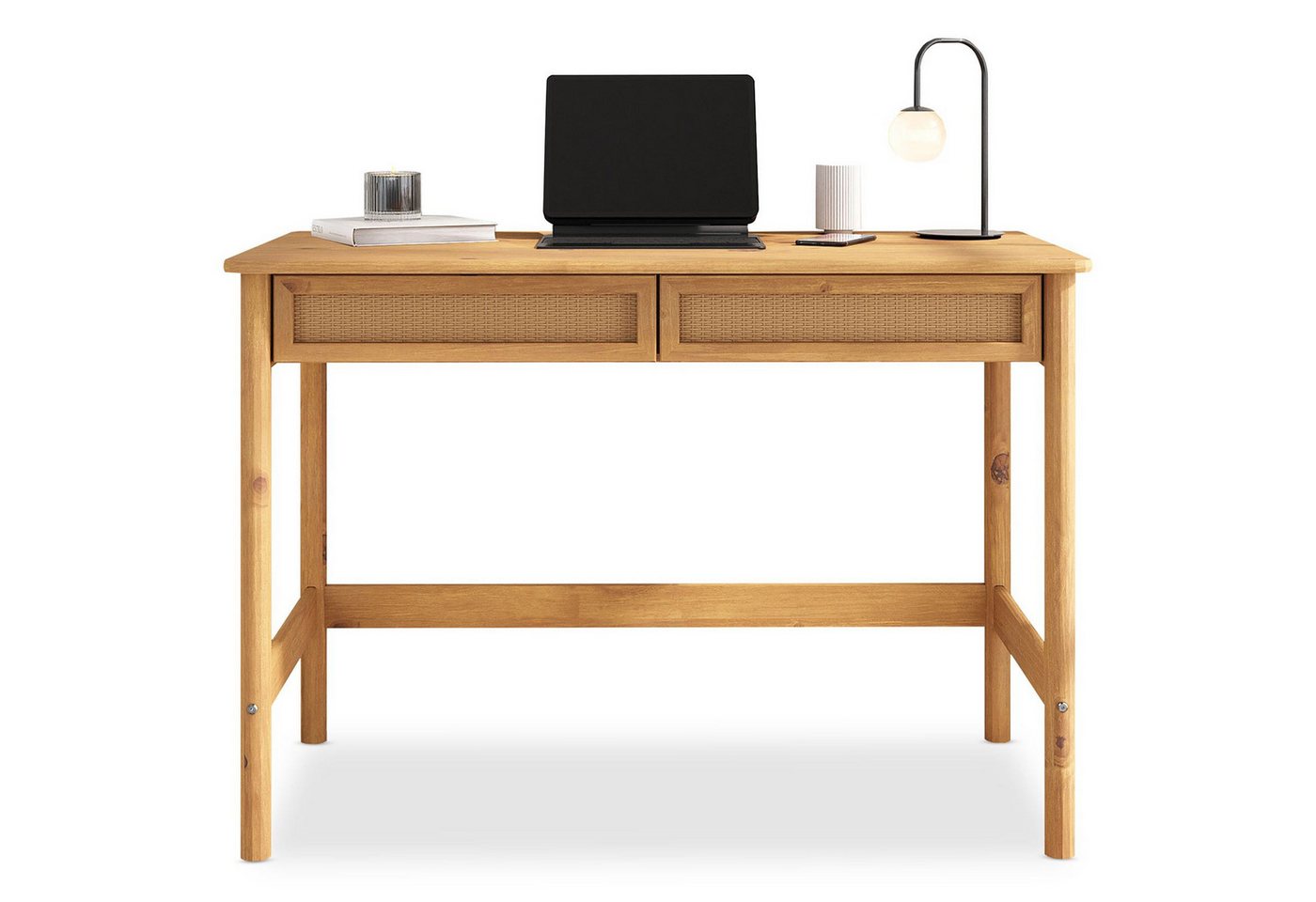 IDIMEX Schreibtisch RODRIGO, Tisch 110 cm breit aus Massivholz 2 Schubladen in Rattan Optik Kastani – Bild 4 von 5