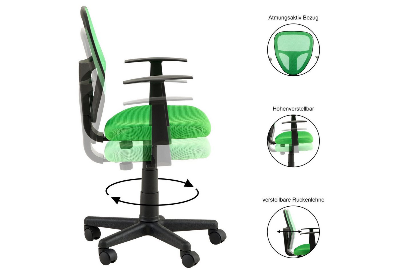 IDIMEX Schreibtischstuhl STUDIO, für Kinder, ergonomisch, höhenverstellbar mit Armlehnen Dunkelgrün – Bild 4 von 5