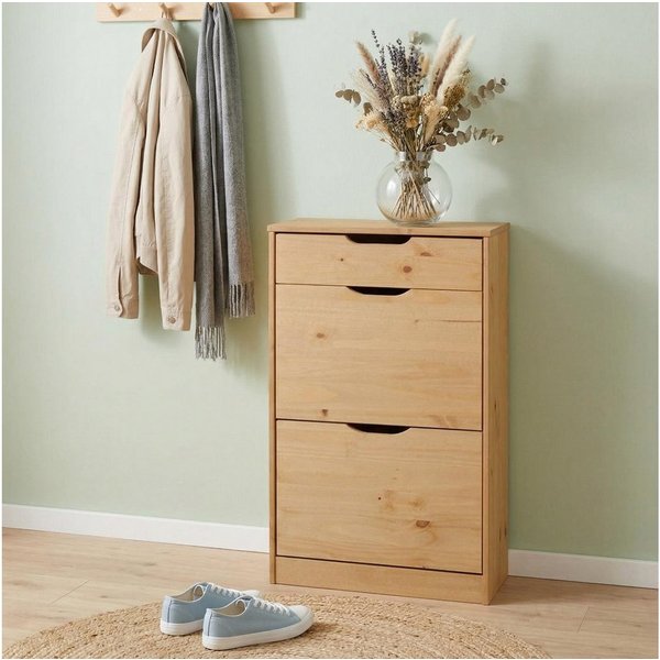 IDIMEX Schuhkipper BASIL, Schuhschrank schmal mit 2 Klappen & Schublade Massivholz Braun
