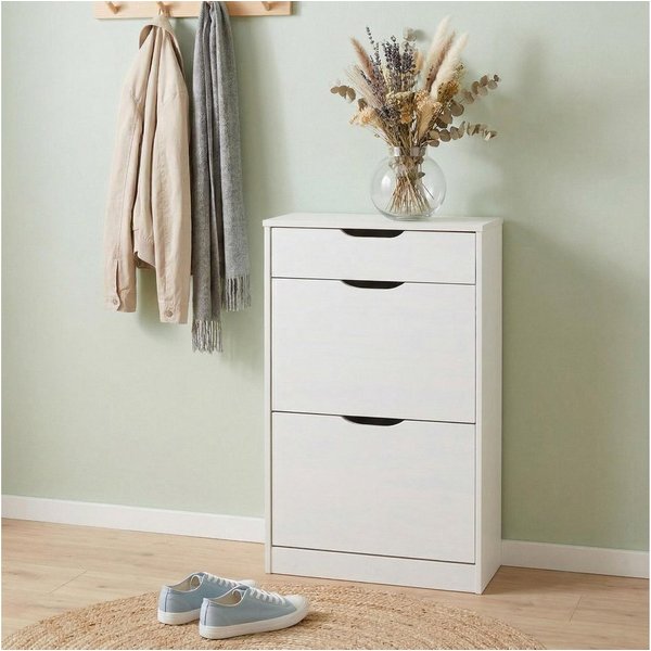 IDIMEX Schuhkipper BASIL, Schuhschrank schmal mit 2 Klappen & Schublade Massivholz Weiß
