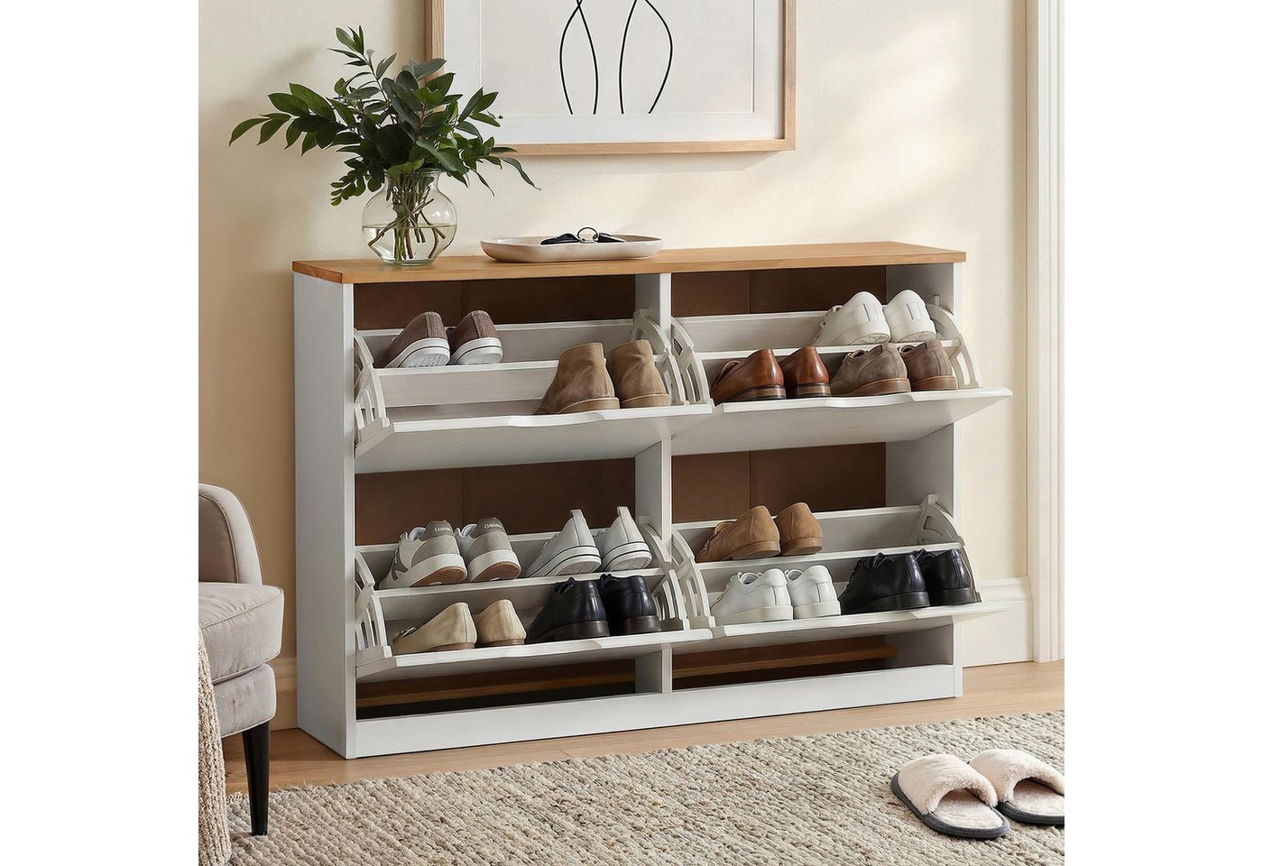 IDIMEX Schuhkipper BASIL, Schuhschrank schmal mit 4 Klappen, für 20 Paar Schuhe Weiß/Massivholz – Bild 3 von 5