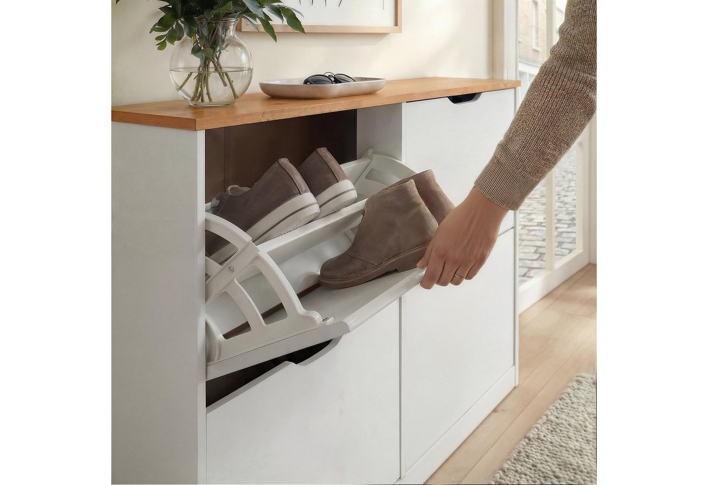 IDIMEX Schuhkipper BASIL, Schuhschrank schmal mit 4 Klappen, für 20 Paar Schuhe Weiß/Massivholz – Bild 5 von 5