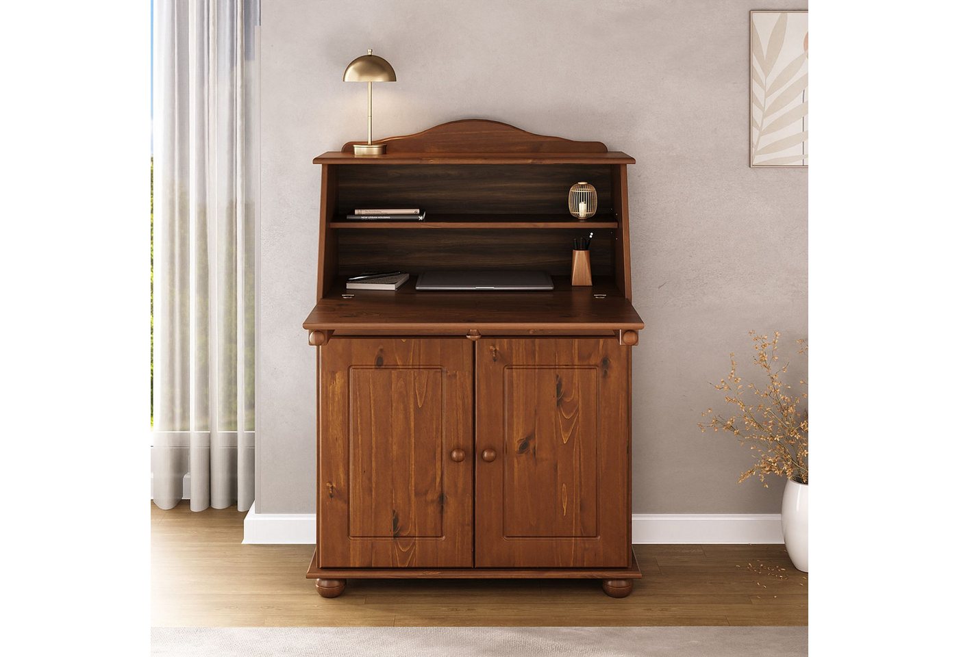 IDIMEX Sekretär DAVID, Schreibtisch Landhausstil aus Massivholz mit Stauraum Kastanie Finish – Bild 3 von 5