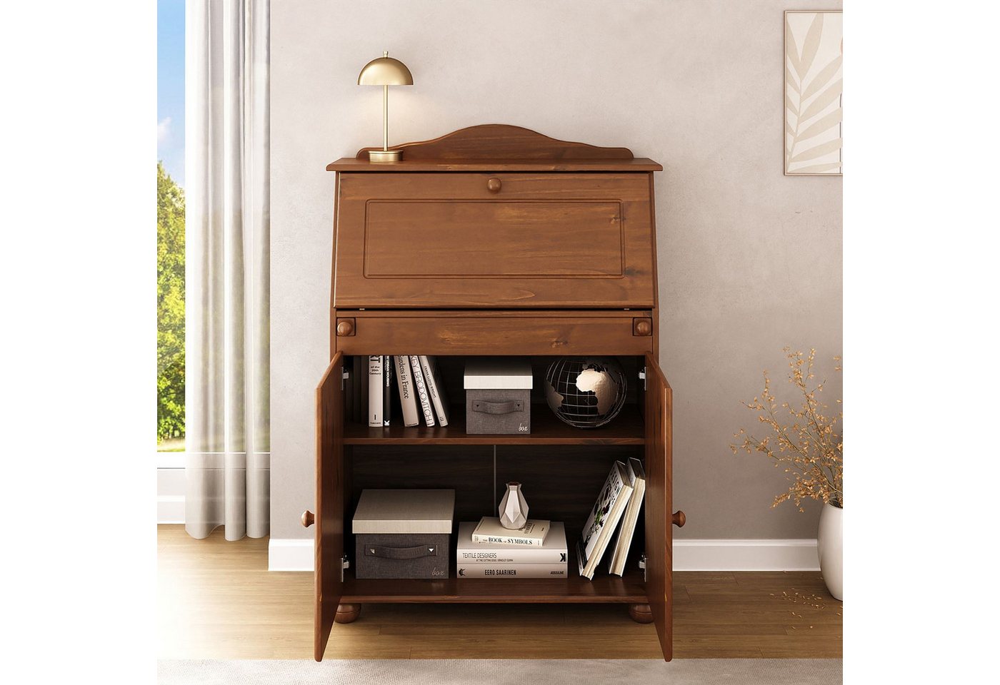 IDIMEX Sekretär DAVID, Schreibtisch Landhausstil aus Massivholz mit Stauraum Kastanie Finish – Bild 4 von 5