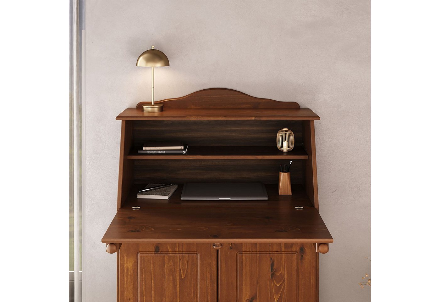 IDIMEX Sekretär DAVID, Schreibtisch Landhausstil aus Massivholz mit Stauraum Kastanie Finish – Bild 5 von 5