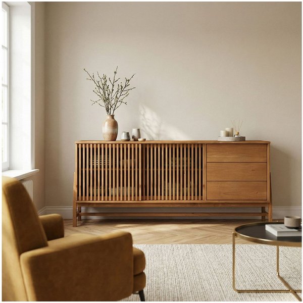 IDIMEX Sideboard ADAMO, Kommode 175 cm aus Massivholz mit Lamellenschiebetüren Eiche Finish