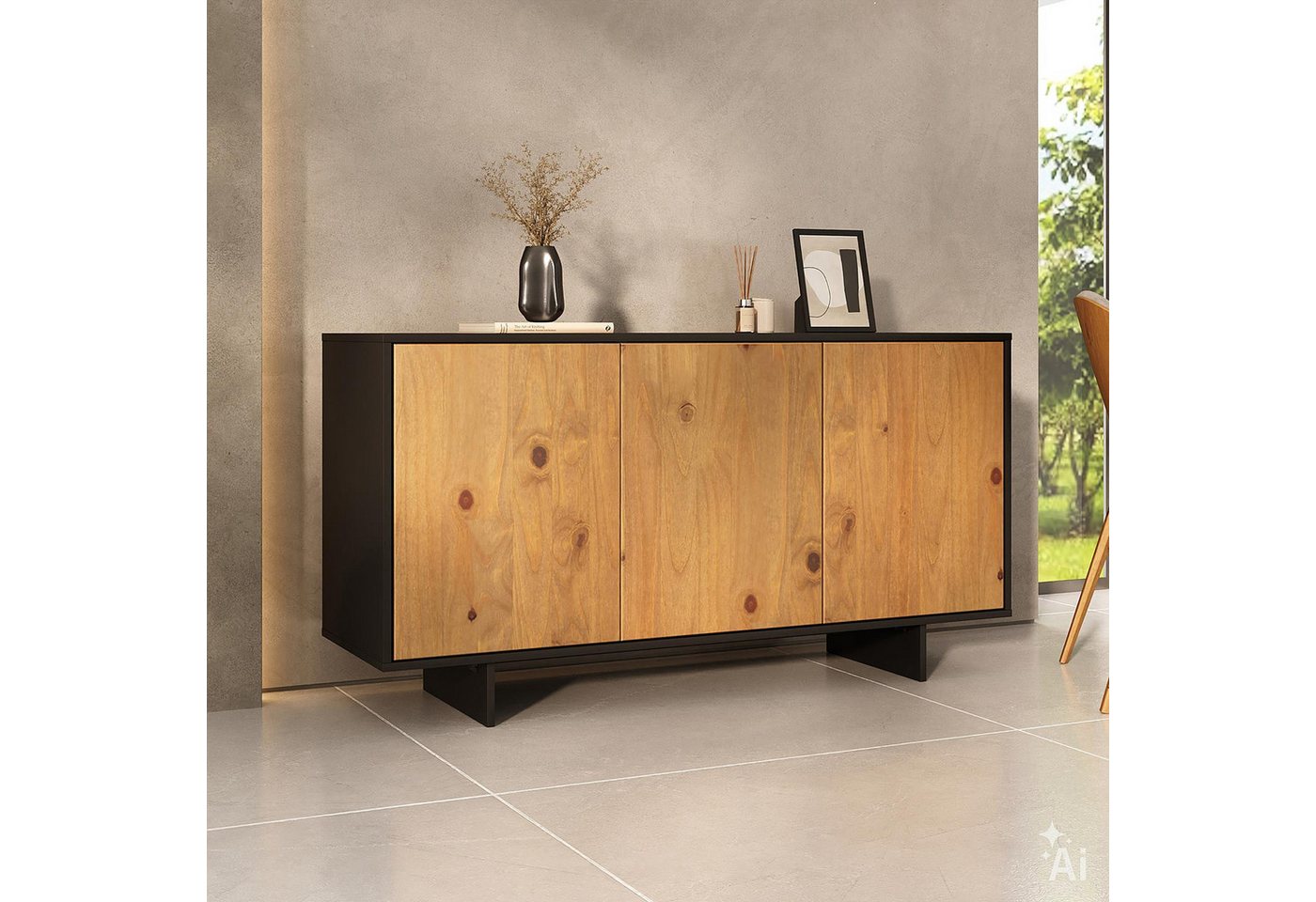 IDIMEX Sideboard ARTO, Kommode mit 3 Türen aus Massivholz Schwarz/Eiche Finish – Bild 2 von 5