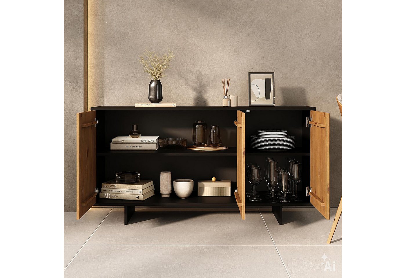 IDIMEX Sideboard ARTO, Kommode mit 3 Türen aus Massivholz Schwarz/Eiche Finish – Bild 3 von 5