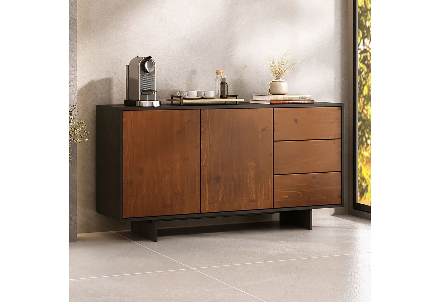IDIMEX Sideboard ARTO, Kommode 135 cm mit 2 Türen und 3 Schubladen Schwarz/Kastanie – Bild 2 von 5