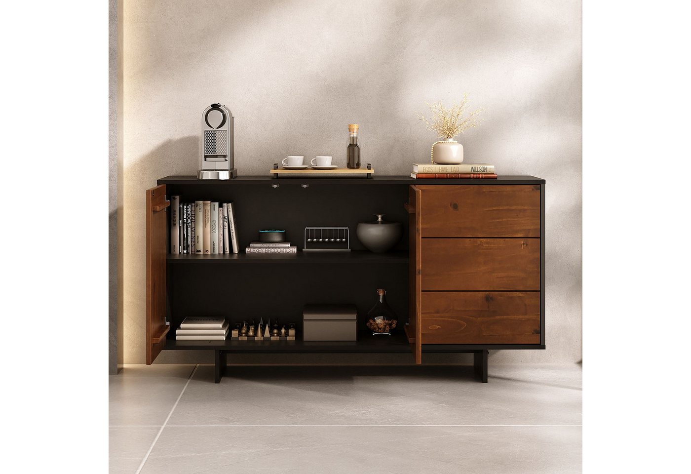 IDIMEX Sideboard ARTO, Kommode 135 cm mit 2 Türen und 3 Schubladen Schwarz/Kastanie – Bild 3 von 5
