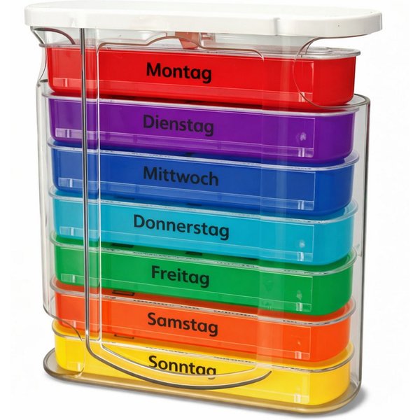 IEA Medical Pillendose Medikamentenbox 7 Tage mit 4 Fächern pro Tag (1 St), Farbcodierte Wochentage, reisefreundliche Pillenbox, sicher verstaut