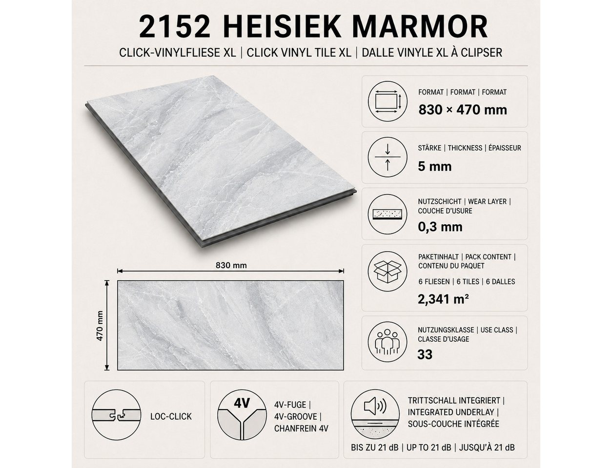 IKHEMalarka Vinylboden 2,341m² Design Vinylboden – Marmor-Optik, Integrierte Trittschalldämmung, Antistatisch & pflegeleicht – Bild 3 von 5