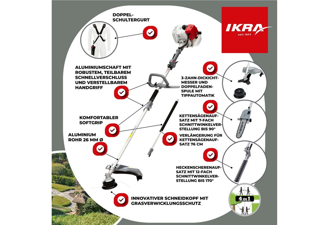 ikra GmbH Garten-Multifunktionsgerät IBKH 33-1, Benzin, mit Schutzbrille, 4in1: Rasentrimmer, Freischneider, Teleskop-Heckenschere & Entaster – Bild 2 von 5