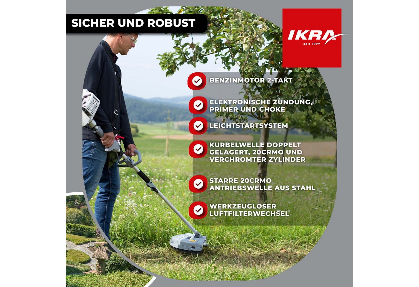 ikra GmbH Garten-Multifunktionsgerät IBKH 33-1, Benzin, mit Schutzbrille, 4in1: Rasentrimmer, Freischneider, Teleskop-Heckenschere & Entaster – Bild 3 von 5