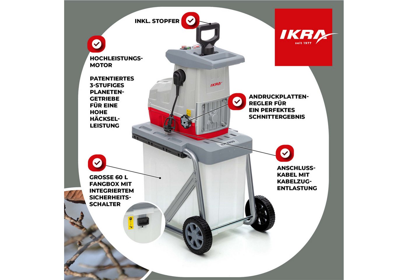 ikra GmbH Häcksler ILH 2800, 4,4 cm max. Astdurchmesser, (inkl. Fangbox, Stopfer & Gartenschere), 2800 W, Walzenhäcksler – Bild 3 von 5
