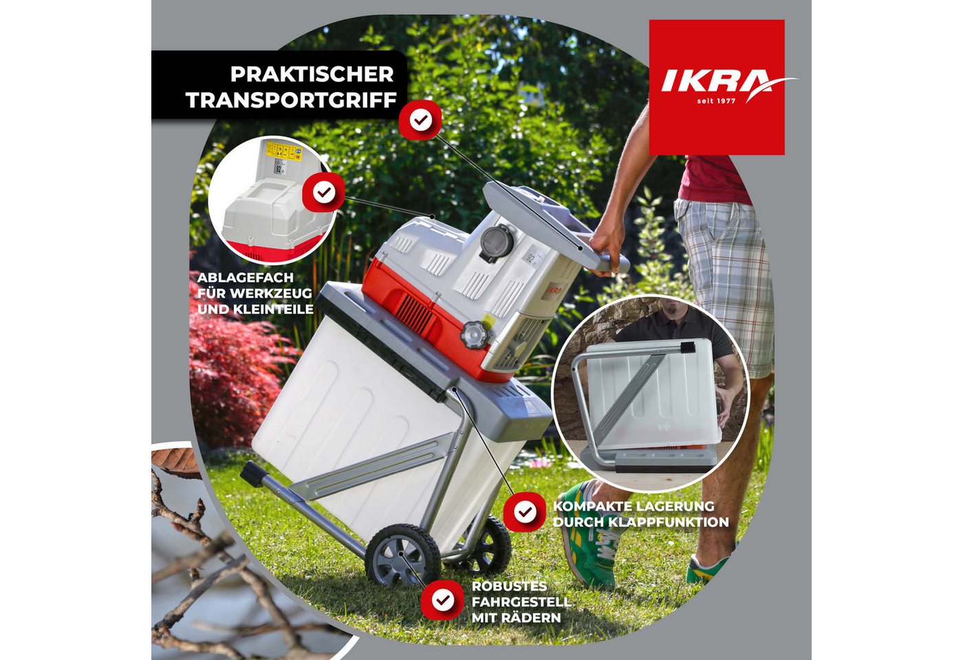 ikra GmbH Häcksler ILH 3000 A, 4,4 cm max. Astdurchmesser, (inkl. Stopfer, Fangkorb, Gartenschere & Schutzbrille), 3000 Watt, leiser Lauf, mit Rücklauffunktion – Bild 5 von 5