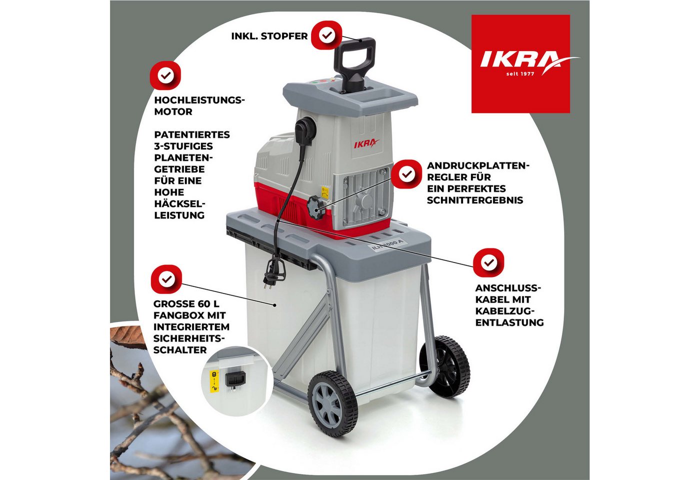 ikra GmbH Häcksler ILH 3000 A, 4,4 cm max. Astdurchmesser, (inkl. Stopfer, Fangbox & Schutzbrille), 3000 Watt, leiser Lauf, mit Rücklauffunktion – Bild 2 von 5