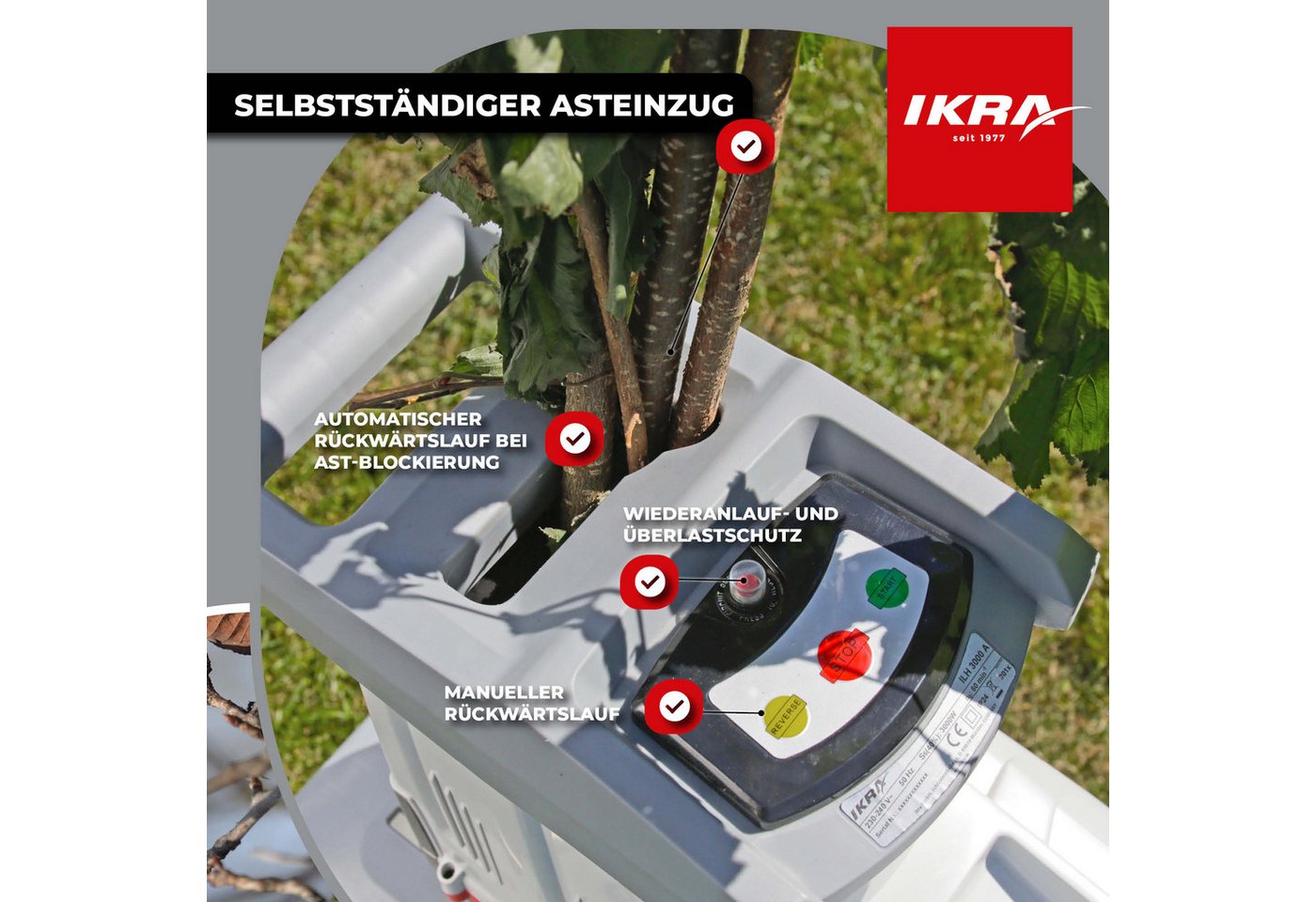 ikra GmbH Häcksler ILH 3000 A, 4,4 cm max. Astdurchmesser, (inkl. Stopfer, Fangbox & Schutzbrille), 3000 Watt, leiser Lauf, mit Rücklauffunktion – Bild 4 von 5