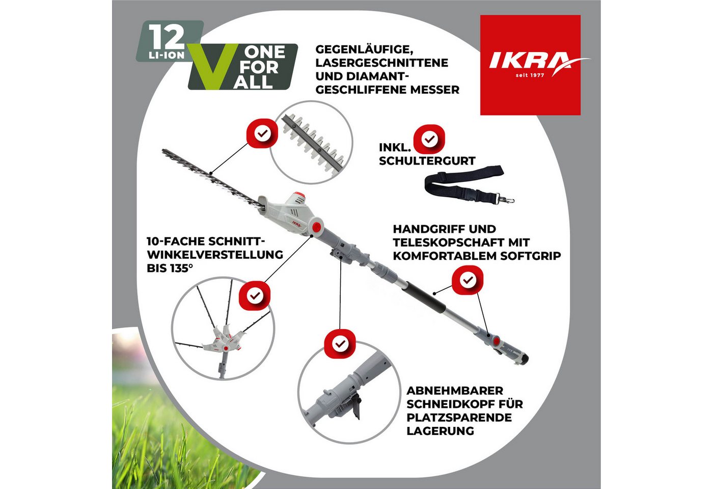 ikra GmbH Teleskop-Heckenschere IATHS 1241, bis 3,50 m Arbeitshöhe, 12 V, Teleskopstiel 1,80–2,35m, Winkelverstellung bis 135° – Bild 2 von 5