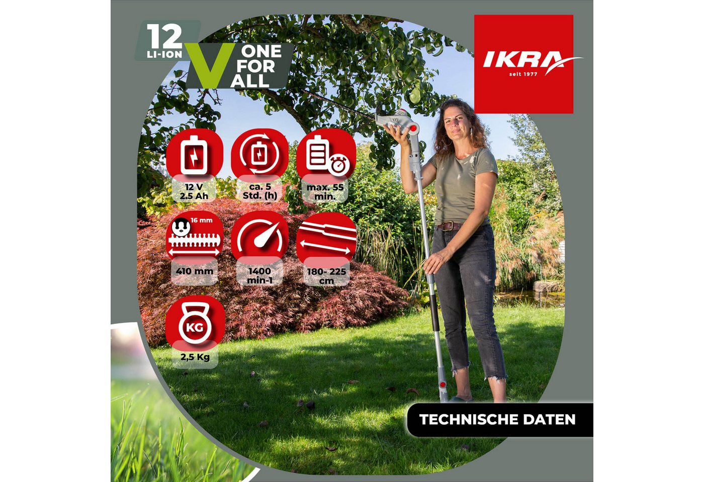 ikra GmbH Teleskop-Heckenschere IATHS 1241, bis 3,50 m Arbeitshöhe, 12 V, Teleskopstiel 1,80–2,35m, Winkelverstellung bis 135° – Bild 5 von 5