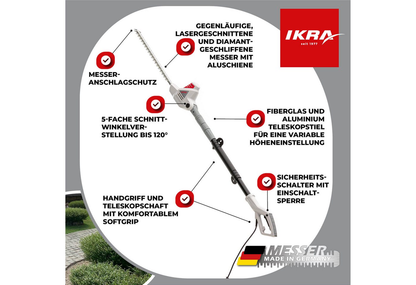ikra GmbH Teleskop-Heckenschere ITHS 600, bis 2,40 m Arbeitshöhe, Laser- & diamantgeschliffenen Qualitätsmesser "Made in Germany“ – Bild 2 von 5