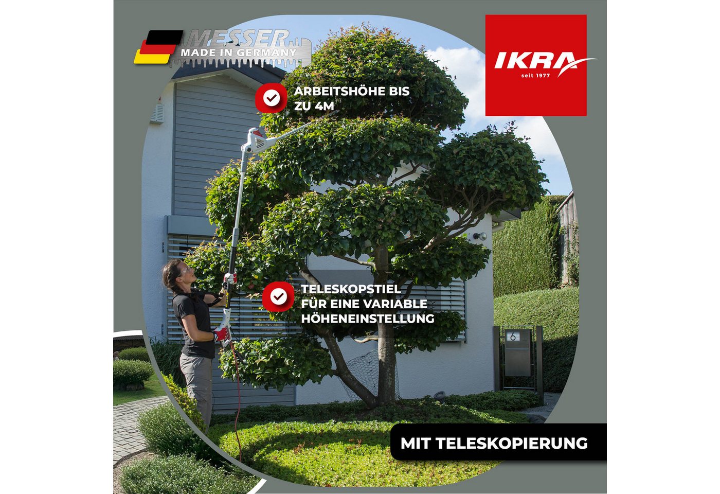 ikra GmbH Teleskop-Heckenschere ITHS 600, bis 2,40 m Arbeitshöhe, Laser- & diamantgeschliffenen Qualitätsmesser "Made in Germany“ – Bild 3 von 5