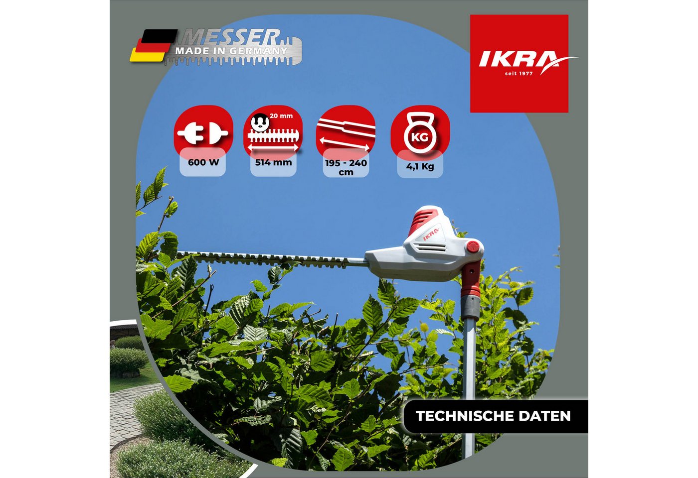 ikra GmbH Teleskop-Heckenschere ITHS 600, bis 2,40 m Arbeitshöhe, Laser- & diamantgeschliffenen Qualitätsmesser "Made in Germany“ – Bild 5 von 5