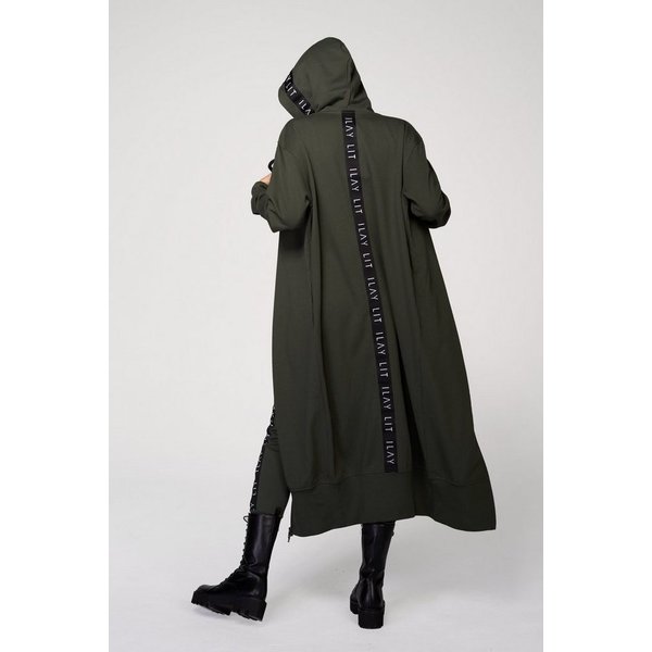 ILAY Lit Kapuzensweatjacke Long Coat-Olive-Lässiger Hoodiemantel im Urban Style Kapuze mit Tunnelzug und Labelband